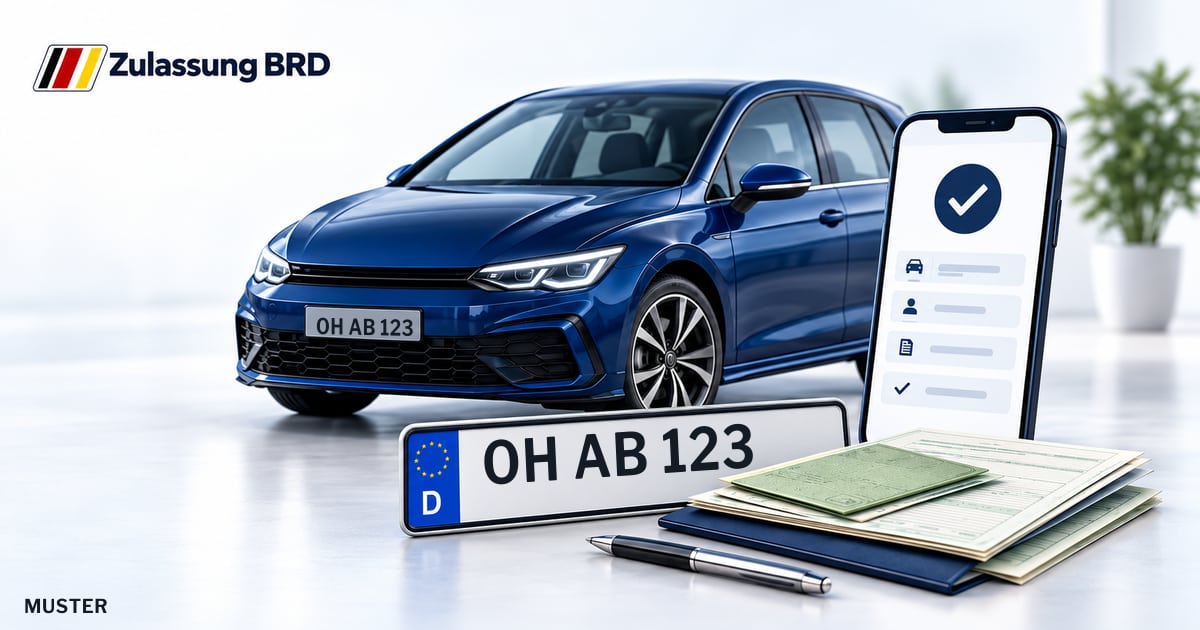 Online Fahrzeugzulassung in Landkreis Ostholstein: Musterkennzeichen OH AB 123, Auto und Fahrzeugpapiere und Smartphone. Illustration mit Logo von Zulassung BRD.